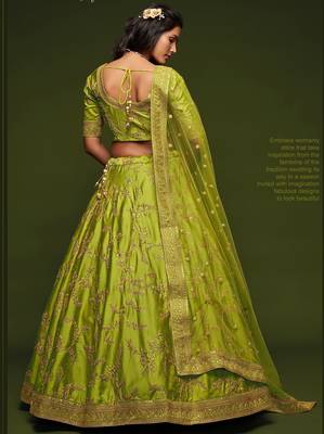 Olive Green Thread Embroidered & Sequins Silk Blend Semi Stitched Lehenga Set 3