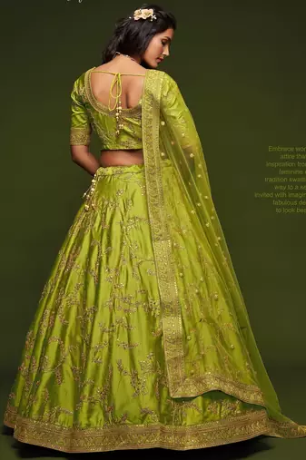 Olive Green Thread Embroidered & Sequins Silk Blend Semi Stitched Lehenga Set