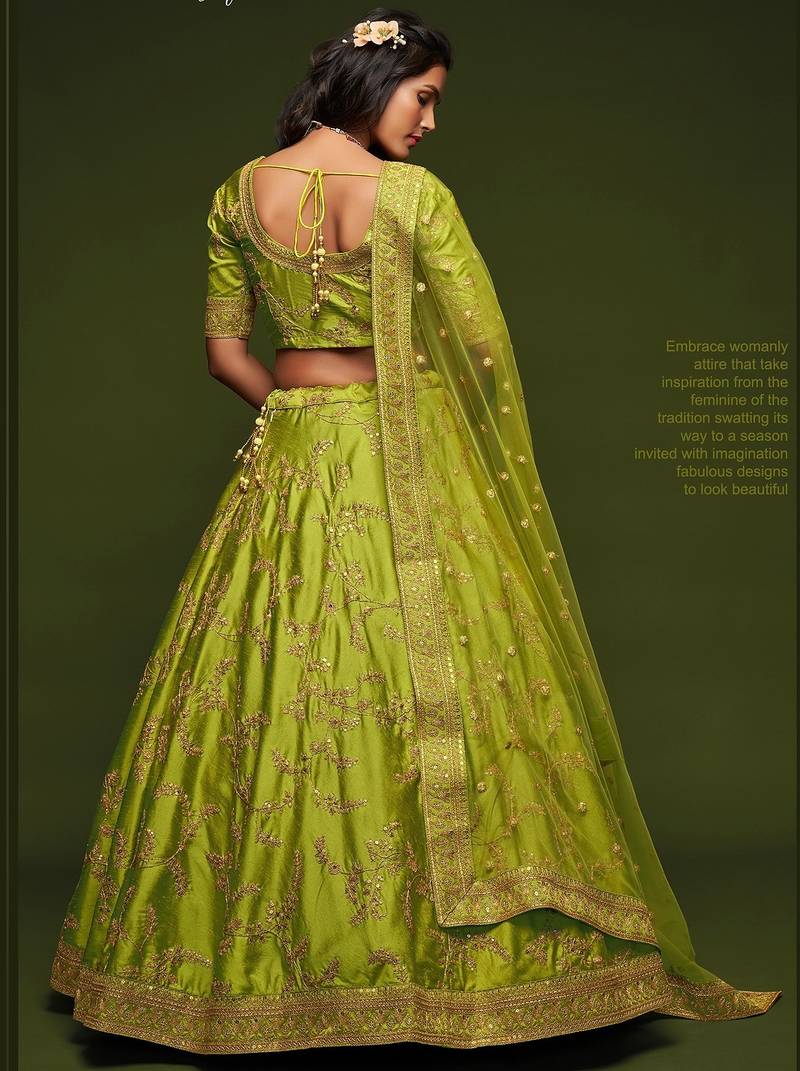 Olive Green Thread Embroidered & Sequins Silk Blend Semi Stitched Lehenga Set