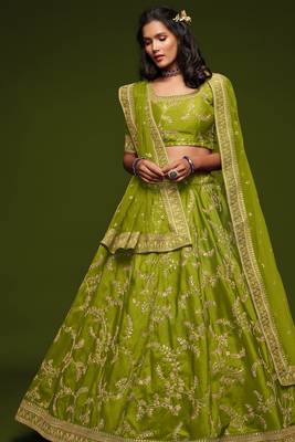 Olive Green Thread Embroidered & Sequins Silk Blend Semi Stitched Lehenga Set 4
