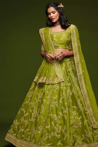 Olive Green Thread Embroidered & Sequins Silk Blend Semi Stitched Lehenga Set