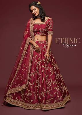 Maroon Thread Embroidered & Sequins Silk Blend Semi Stitched Lehenga Set 1