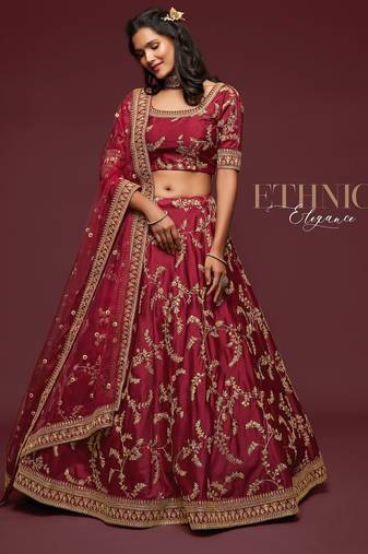 Maroon Thread Embroidered & Sequins Silk Blend Semi Stitched Lehenga Set