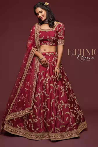 Maroon Thread Embroidered & Sequins Silk Blend Semi Stitched Lehenga Set