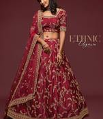 Maroon Thread Embroidered & Sequins Silk Blend Semi Stitched Lehenga Set