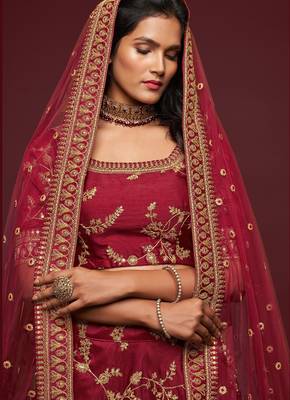 Maroon Thread Embroidered & Sequins Silk Blend Semi Stitched Lehenga Set 2