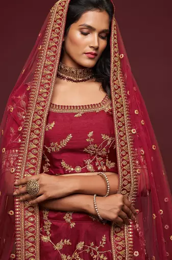 Maroon Thread Embroidered & Sequins Silk Blend Semi Stitched Lehenga Set