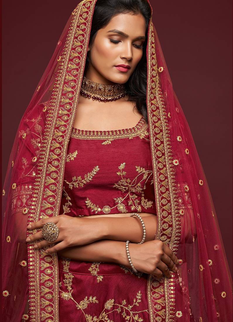 Maroon Thread Embroidered & Sequins Silk Blend Semi Stitched Lehenga Set