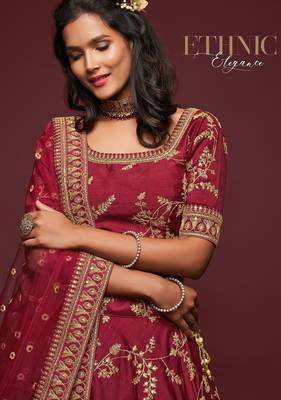 Maroon Thread Embroidered & Sequins Silk Blend Semi Stitched Lehenga Set 3