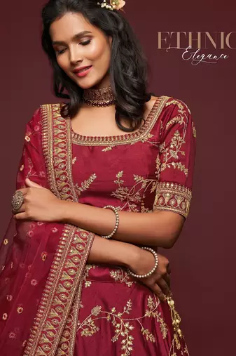 Maroon Thread Embroidered & Sequins Silk Blend Semi Stitched Lehenga Set
