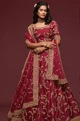 Maroon Thread Embroidered & Sequins Silk Blend Semi Stitched Lehenga Set