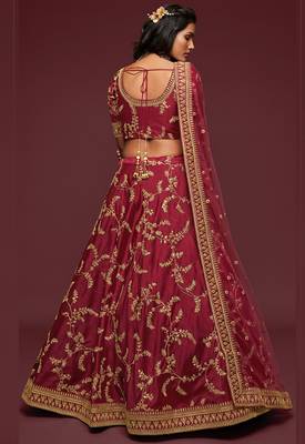 Maroon Thread Embroidered & Sequins Silk Blend Semi Stitched Lehenga Set 5