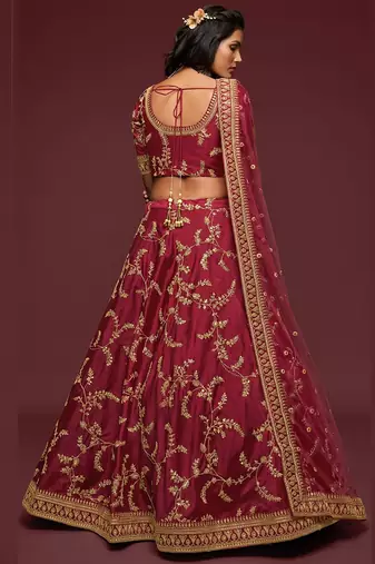 Maroon Thread Embroidered & Sequins Silk Blend Semi Stitched Lehenga Set