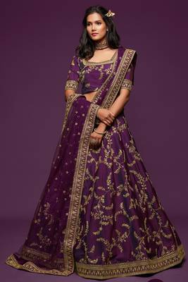 Purple Thread Embroidered & Sequins Silk Blend Semi Stitched Lehenga Set 1