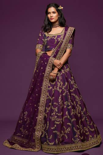 Purple Thread Embroidered & Sequins Silk Blend Semi Stitched Lehenga Set
