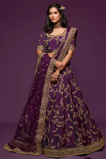 Purple Thread Embroidered & Sequins Silk Blend Semi Stitched Lehenga Set