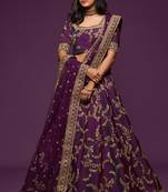 Purple Thread Embroidered & Sequins Silk Blend Semi Stitched Lehenga Set