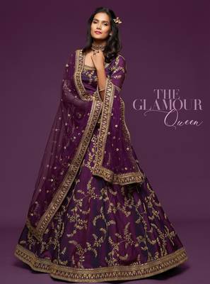 Purple Thread Embroidered & Sequins Silk Blend Semi Stitched Lehenga Set 2