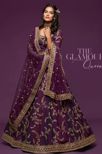Purple Thread Embroidered & Sequins Silk Blend Semi Stitched Lehenga Set