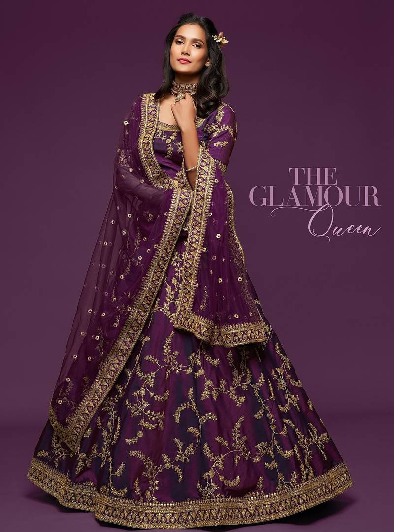 Purple Thread Embroidered & Sequins Silk Blend Semi Stitched Lehenga Set