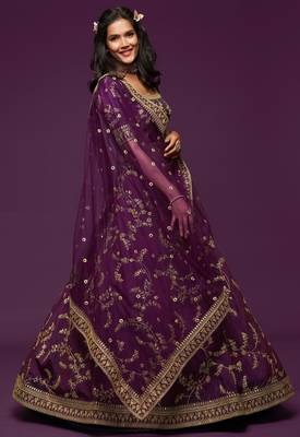 Purple Thread Embroidered & Sequins Silk Blend Semi Stitched Lehenga Set 3