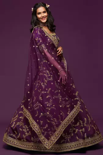 Purple Thread Embroidered & Sequins Silk Blend Semi Stitched Lehenga Set