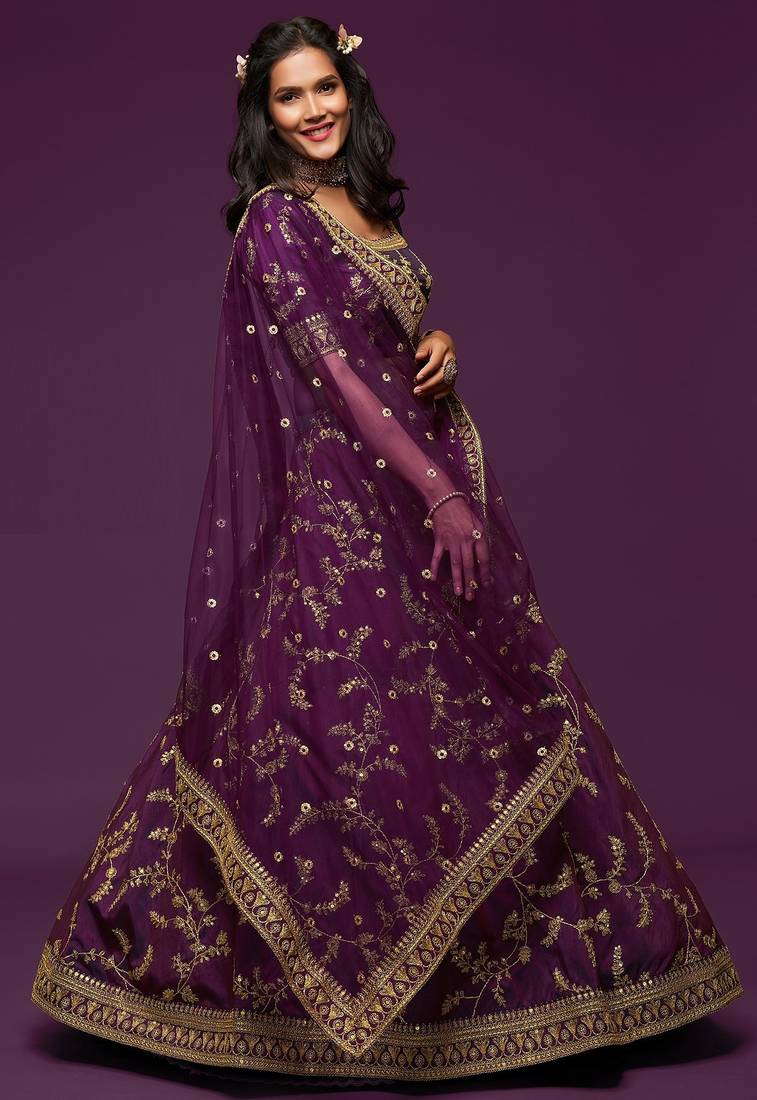 Purple Thread Embroidered & Sequins Silk Blend Semi Stitched Lehenga Set