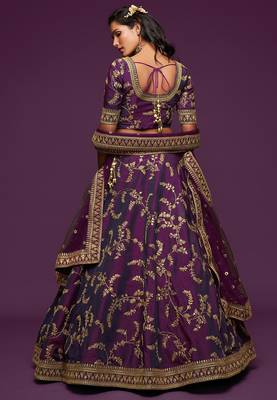 Purple Thread Embroidered & Sequins Silk Blend Semi Stitched Lehenga Set 4