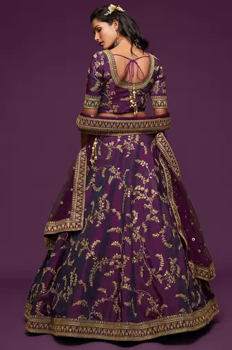 Purple Thread Embroidered & Sequins Silk Blend Semi Stitched Lehenga Set