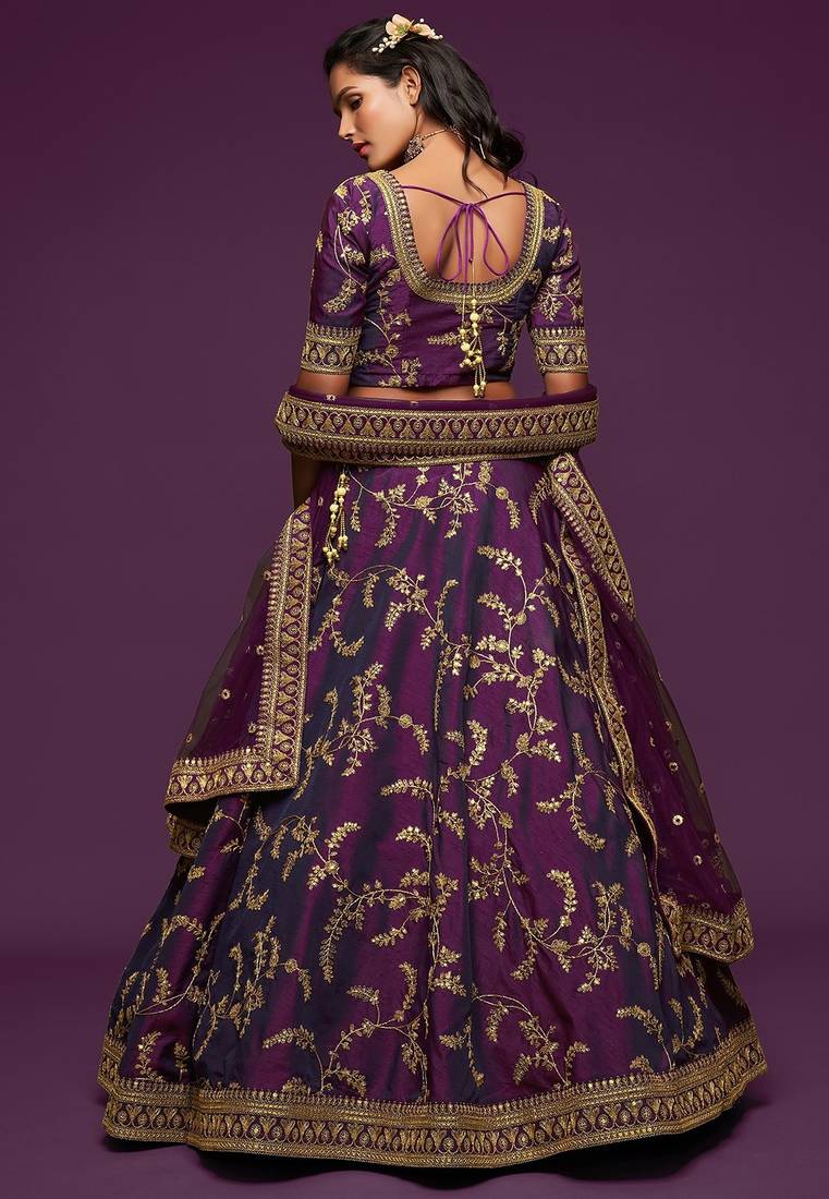 Purple Thread Embroidered & Sequins Silk Blend Semi Stitched Lehenga Set