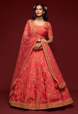 Coral Thread Embroidered & Sequins Silk Blend Semi Stitched Lehenga Set 1