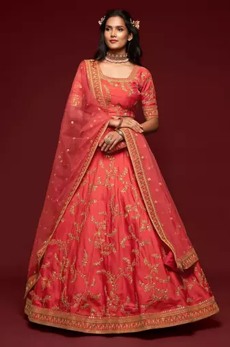 Coral Thread Embroidered & Sequins Silk Blend Semi Stitched Lehenga Set