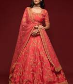 Coral Thread Embroidered & Sequins Silk Blend Semi Stitched Lehenga Set