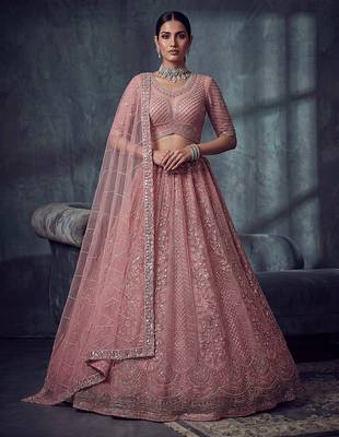 Dusty Rose Designer Embroidery With Hand Work Net Semi Stitched Lehenga Set 1