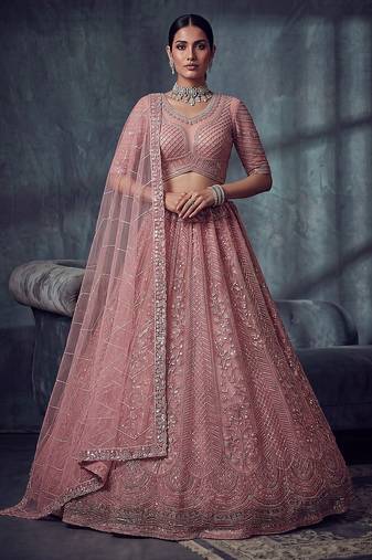 Dusty Rose Designer Embroidery With Hand Work Net Semi Stitched Lehenga Set