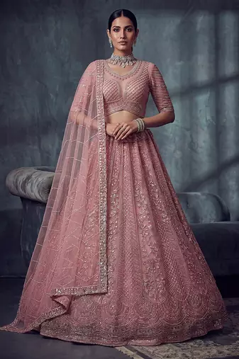 Dusty Rose Designer Embroidery With Hand Work Net Semi Stitched Lehenga Set