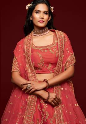 Coral Thread Embroidered & Sequins Silk Blend Semi Stitched Lehenga Set 2