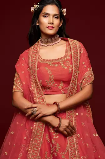 Coral Thread Embroidered & Sequins Silk Blend Semi Stitched Lehenga Set