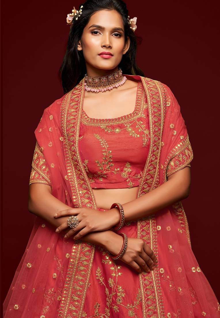 Coral Thread Embroidered & Sequins Silk Blend Semi Stitched Lehenga Set
