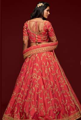 Coral Thread Embroidered & Sequins Silk Blend Semi Stitched Lehenga Set 3