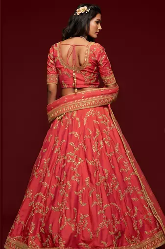 Coral Thread Embroidered & Sequins Silk Blend Semi Stitched Lehenga Set