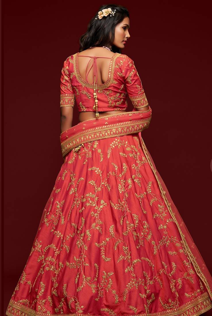 Coral Thread Embroidered & Sequins Silk Blend Semi Stitched Lehenga Set