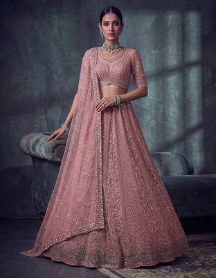 Dusty Rose Designer Embroidery With Hand Work Net Semi Stitched Lehenga Set 2