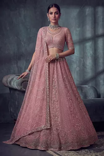 Dusty Rose Designer Embroidery With Hand Work Net Semi Stitched Lehenga Set