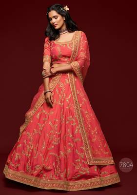 Coral Thread Embroidered & Sequins Silk Blend Semi Stitched Lehenga Set 4