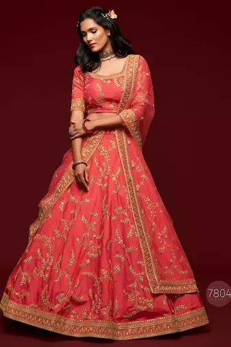 Coral Thread Embroidered & Sequins Silk Blend Semi Stitched Lehenga Set