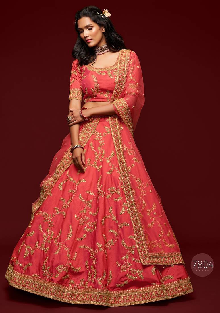 Coral Thread Embroidered & Sequins Silk Blend Semi Stitched Lehenga Set