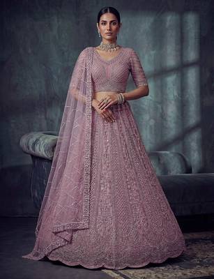 Lavender Designer Embroidery With Hand Work Net Semi Stitched Lehenga Set 1