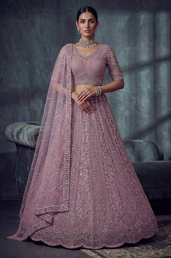 Lavender Designer Embroidery With Hand Work Net Semi Stitched Lehenga Set