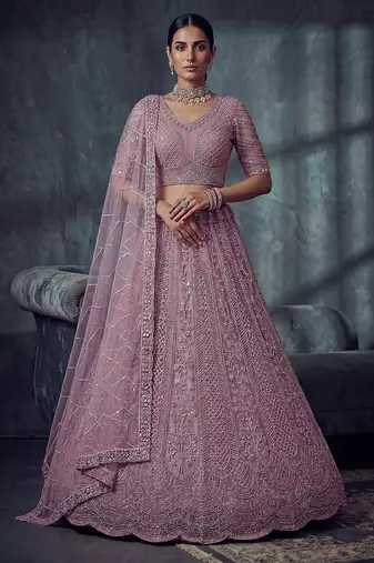 Lavender Designer Embroidery With Hand Work Net Semi Stitched Lehenga Set